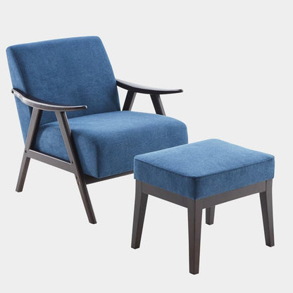 LSFH Unique Design Golrge Accent Chair, Ottoman Armchair with Solid Sagwan Wooden Frame Single Sofa Chair for Small Apartments, Living Room or Bedroom (1 Chair with Ottoman, Blue)