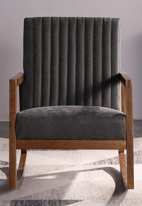 LSFH Unique Design Rocking Chair Leatherette Accent Chair Armchair with Solid Sagwan Wooden Frame Single Sofa Chair for Small Apartments, Living Room or Bedroom (1 Chair, Grey)