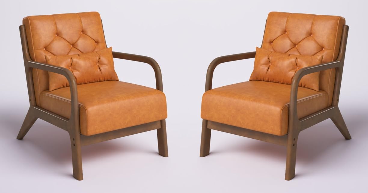 LSFH Unique Design True Innovations Alcie Accent Chair, Ottoman Armchair with Solid Sagwan Wooden Frame Single Sofa Chair for Small Apartments, Living Room or Bedroom (Set of 2 Chairs, Brown)