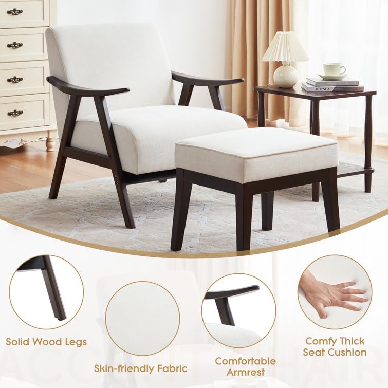 LSFH Unique Design Golrge Accent Chair, Ottoman Armchair with Solid Sagwan Wooden Frame Single Sofa Chair for Small Apartments, Living Room or Bedroom (1 Chair with Ottoman, Off-White)