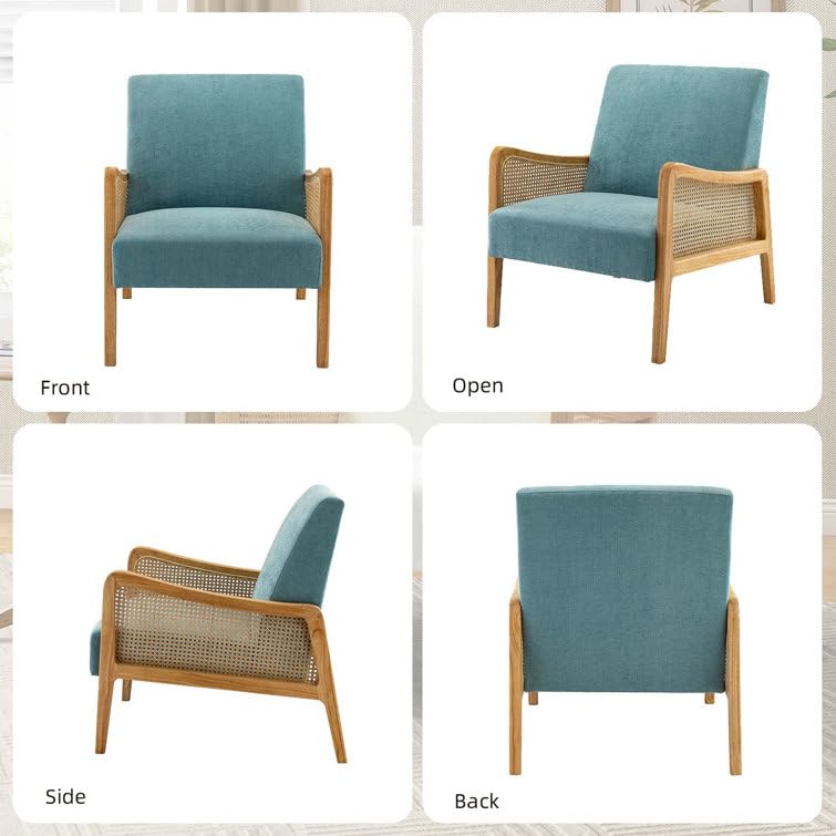 LSFH Unique Design Fabric Upholstered Rattan Cane Accent Chair, Armchair with Solid Sagwan Wooden Frame Single Sofa Chair for Small Apartments, Living Room or Bedroom (1 Chair, Sky Blue)