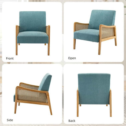 LSFH Unique Design Fabric Upholstered Rattan Cane Accent Chair, Armchair with Solid Sagwan Wooden Frame Single Sofa Chair for Small Apartments, Living Room or Bedroom (1 Chair, Sky Blue)