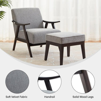 LSFH Unique Design Golrge Accent Chair, Ottoman Armchair with Solid Sagwan Wooden Frame Single Sofa Chair for Small Apartments, Living Room or Bedroom (1 Chair with Ottoman, Grey)