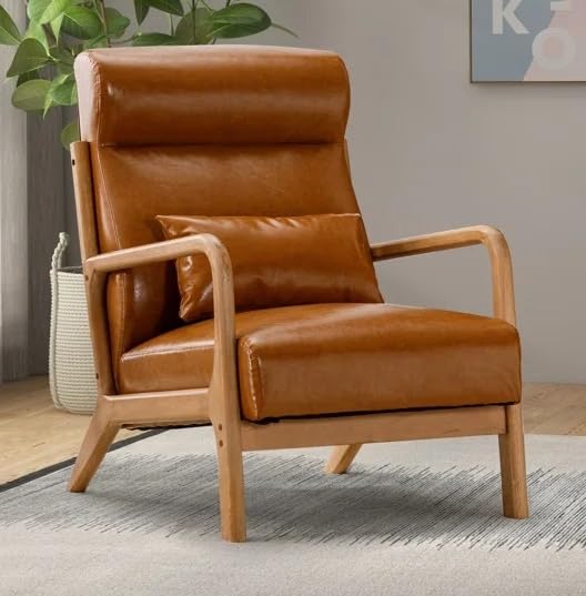 LSFH Unique Design Leatherette Upholstered Vegaz Accent Chair with Solid Sagwan Wooden Frame Single Sofa Chair for Small Apartments, Living Room or Bedroom (1 Chair, Brown)