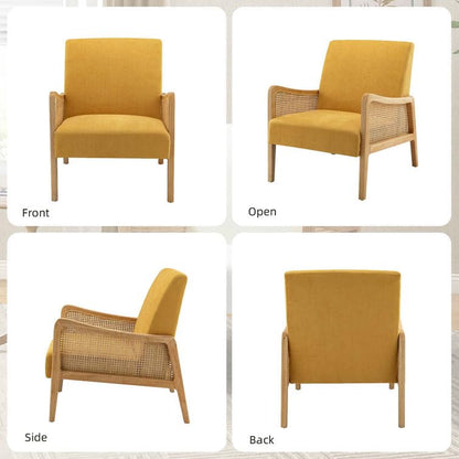 LSFH Unique Design Fabric Upholstered Rattan Cane Accent Chair, Armchair with Solid Sagwan Wooden Frame Single Sofa Chair for Small Apartments, Living Room or Bedroom (Set of 2 Chairs, Yellow)