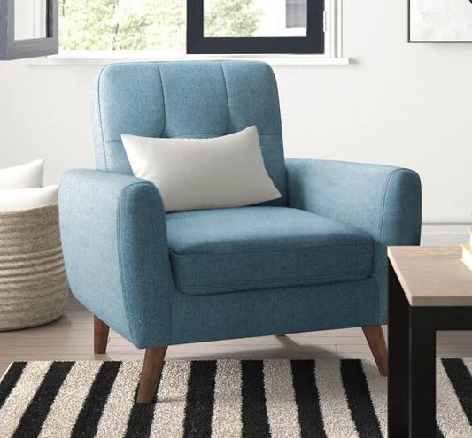 LSFH Unique Design True Innovations Wide Linen Fabric Accent Chair Armchair with Solid Sagwan Wooden Legs Single Sofa Chair for Small Apartments, Living Room or Bedroom (1 Chair, Blue)