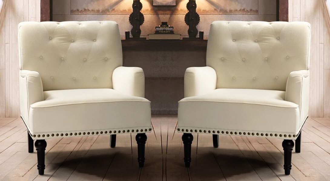 LSFH Unique Design True Innovations Jakuz Accent Chair, Armchair with Solid Sagwan Wooden Frame Single Sofa Chair for Small Apartments, Living Room or Bedroom (Set of 2 Chairs, Cream)