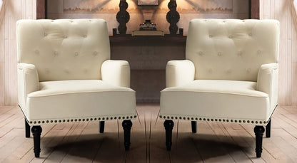 LSFH Unique Design True Innovations Jakuz Accent Chair, Armchair with Solid Sagwan Wooden Frame Single Sofa Chair for Small Apartments, Living Room or Bedroom (Set of 2 Chairs, Cream)