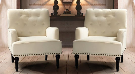LSFH Unique Design True Innovations Jakuz Accent Chair, Armchair with Solid Sagwan Wooden Frame Single Sofa Chair for Small Apartments, Living Room or Bedroom (Set of 2 Chairs, Cream)