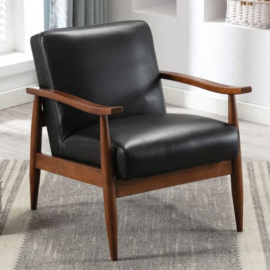 LSFH Unique Design Austin Caramel Leatherette Accent Chair Armchair with Solid Sagwan Wooden Frame Single Sofa Chair for Small Apartments, Living Room or Bedroom (Black, Set of 2 Chairs)