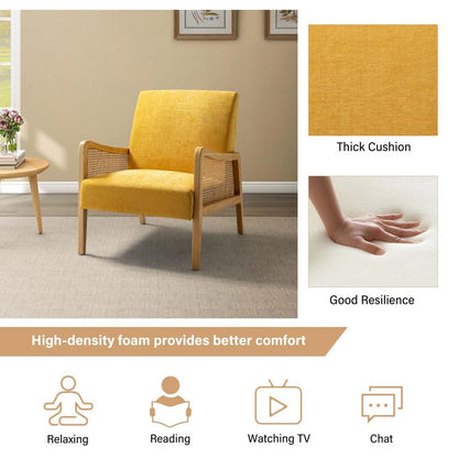 LSFH Unique Design Fabric Upholstered Rattan Cane Accent Chair, Armchair with Solid Sagwan Wooden Frame Single Sofa Chair for Small Apartments, Living Room or Bedroom (Set of 2 Chairs, Yellow)