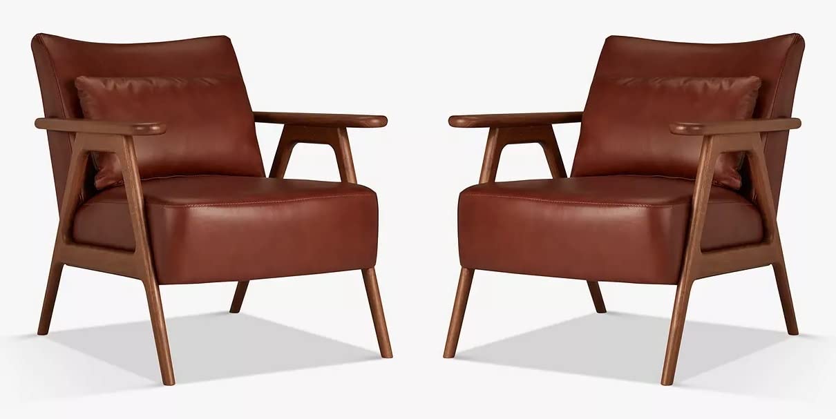 LSFH Unique Design True Innovations Hendricks Leatherette Accent Chair Armchair with Solid Sagwan Wooden Frame Single Sofa Chair for Small Apartments, Living Room or Bedroom (Set of 2 Chairs, Brown)
