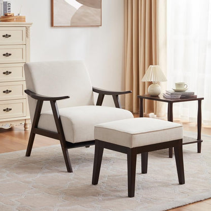 LSFH Unique Design Golrge Accent Chair, Ottoman Armchair with Solid Sagwan Wooden Frame Single Sofa Chair for Small Apartments, Living Room or Bedroom (1 Chair with Ottoman, Off-White)