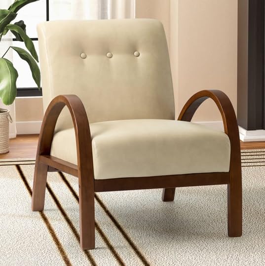 LSFH Unique Design True Innovations Vegaz Accent Chair, Ottoman Armchair with Solid Sagwan Wooden Frame Single Sofa Chair for Small Apartments, Living Room or Bedroom (1 Chair, Beige)