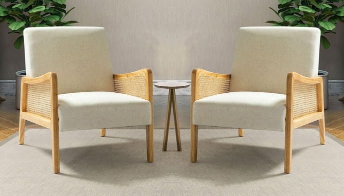 LSFH Unique Design Fabric Upholstered Rattan Cane Accent Chair, Armchair with Solid Sagwan Wooden Frame Single Sofa Chair for Small Apartments, Living Room or Bedroom (Set of 2 Chairs, Off White)