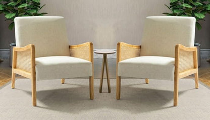 LSFH Unique Design Fabric Upholstered Rattan Cane Accent Chair, Armchair with Solid Sagwan Wooden Frame Single Sofa Chair for Small Apartments, Living Room or Bedroom (Set of 2 Chairs, Off White)