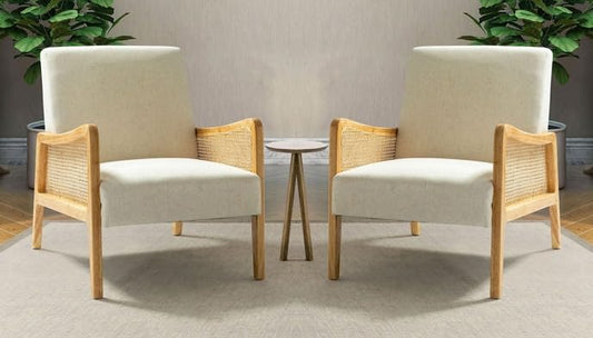 LSFH Unique Design Fabric Upholstered Rattan Cane Accent Chair, Armchair with Solid Sagwan Wooden Frame Single Sofa Chair for Small Apartments, Living Room or Bedroom (Set of 2 Chairs, Off White)