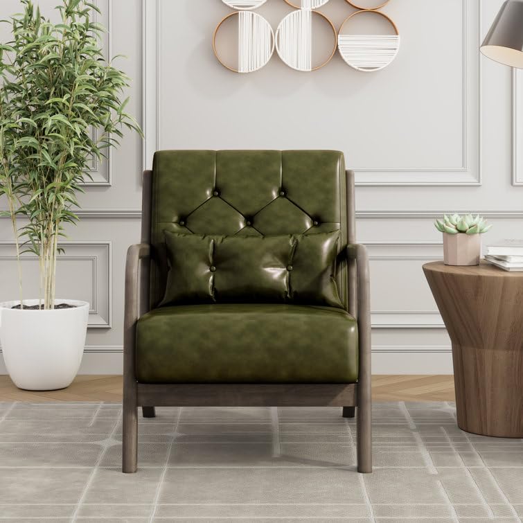 LSFH Unique Design True Innovations Alcie Accent Chair, Ottoman Armchair with Solid Sagwan Wooden Frame Single Sofa Chair for Small Apartments, Living Room or Bedroom (1 Chair, Kai Green)