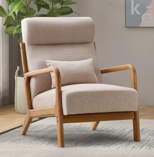 LSFH Unique Design Fabric Upholstered Vegaz Accent Chair with Solid Sagwan Wooden Frame Single Sofa Chair for Small Apartments, Living Room or Bedroom (1 Chair, Beige)