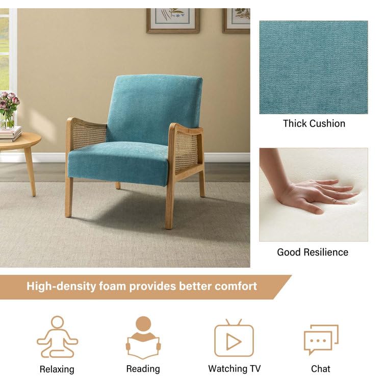 LSFH Unique Design Fabric Upholstered Rattan Cane Accent Chair, Armchair with Solid Sagwan Wooden Frame Single Sofa Chair for Small Apartments, Living Room or Bedroom (1 Chair, Sky Blue)