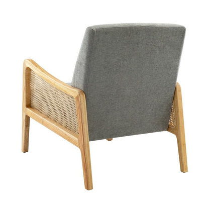 LSFH Unique Design Fabric Upholstered Rattan Cane Accent Chair, Armchair with Solid Sagwan Wooden Frame Single Sofa Chair for Small Apartments, Living Room or Bedroom (1 Chair, Grey)