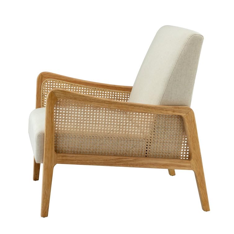 LSFH Unique Design Fabric Upholstered Rattan Cane Accent Chair, Armchair with Solid Sagwan Wooden Frame Single Sofa Chair for Small Apartments, Living Room or Bedroom (1 Chair, Off White)