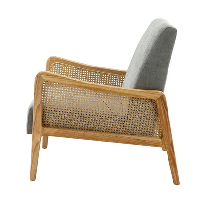 LSFH Unique Design Fabric Upholstered Rattan Cane Accent Chair, Armchair with Solid Sagwan Wooden Frame Single Sofa Chair for Small Apartments, Living Room or Bedroom (1 Chair, Grey)