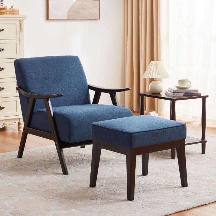 LSFH Unique Design Golrge Accent Chair, Ottoman Armchair with Solid Sagwan Wooden Frame Single Sofa Chair for Small Apartments, Living Room or Bedroom (1 Chair with Ottoman, Blue)