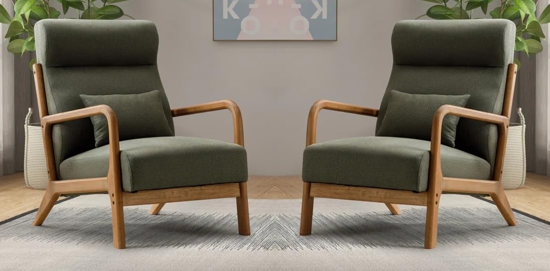 LSFH Unique Design Fabric Upholstered Vegaz Accent Chair with Solid Sagwan Wooden Frame Single Sofa Chair for Small Apartments, Living Room or Bedroom (Set of 2 Chairs, Grey)