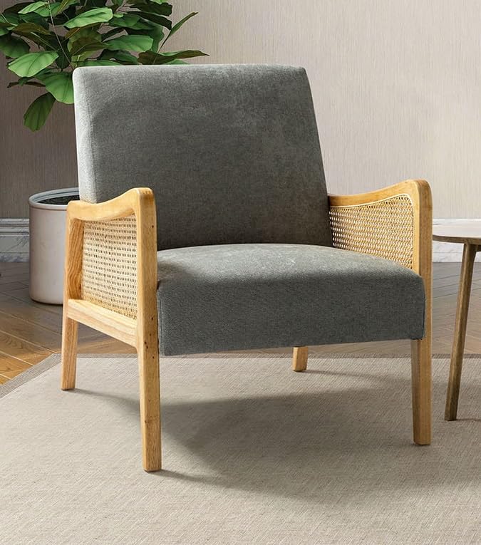 LSFH Unique Design Fabric Upholstered Rattan Cane Accent Chair, Armchair with Solid Teak Wood Frame, Set of 2 Chairs, Grey