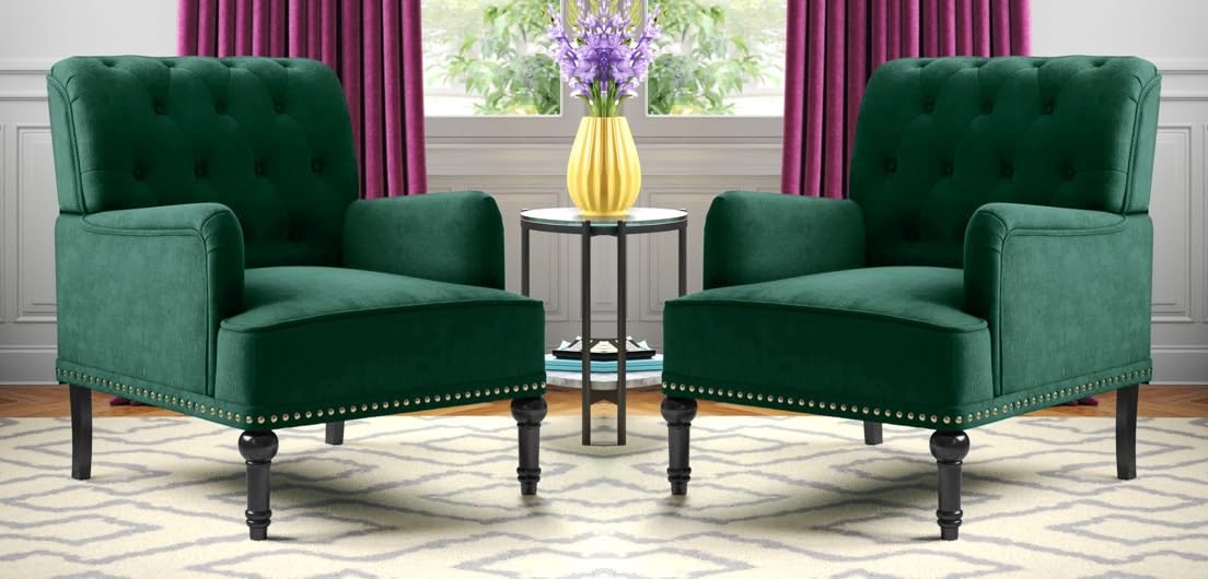 LSFH Unique Design True Innovations Jakuz Accent Chair, Armchair with Solid Sagwan Wooden Frame Single Sofa Chair for Small Apartments, Living Room or Bedroom (Set of 2 Chairs, Green)