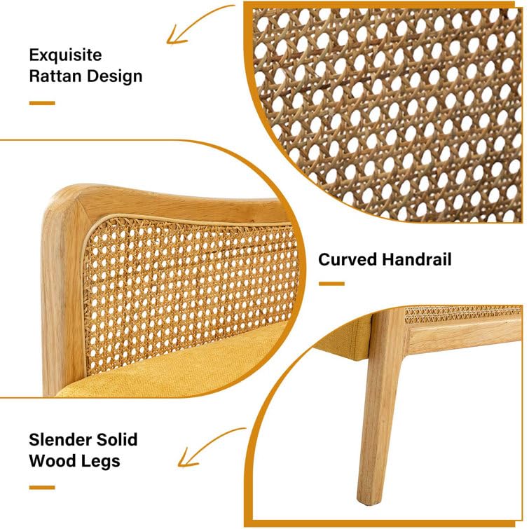 LSFH Unique Design Fabric Upholstered Rattan Cane Accent Chair, Armchair with Solid Sagwan Wooden Frame Single Sofa Chair for Small Apartments, Living Room or Bedroom (Set of 2 Chairs, Yellow)