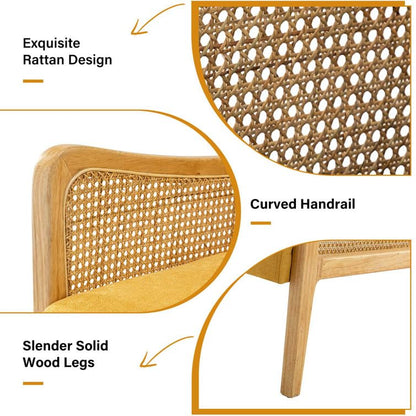 LSFH Unique Design Fabric Upholstered Rattan Cane Accent Chair, Armchair with Solid Sagwan Wooden Frame Single Sofa Chair for Small Apartments, Living Room or Bedroom (Set of 2 Chairs, Yellow)