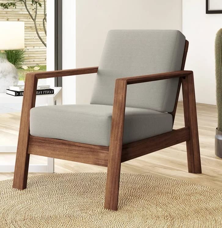 LSFH Unique Design Carlylz Lounge Chair, Accent Chair Armchair with Solid Sagwan Wooden Frame Single Sofa Chair for Small Apartments, Living Room or Bedroom (1 Chair, Grey)
