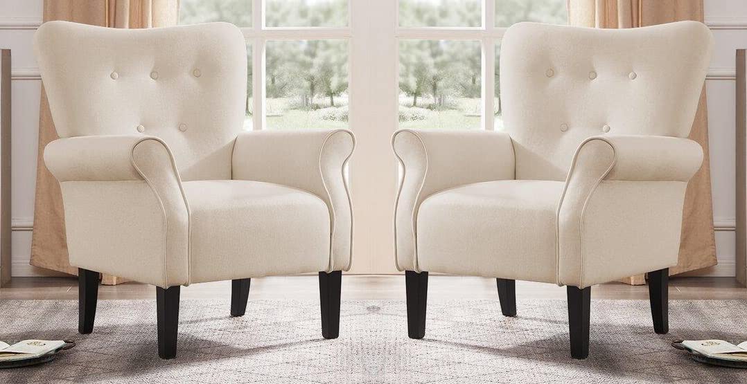 LSFH Unique Design Versatile Button Tufted Fabric Accent Chair Armchair with Solid Sagwan Wooden Frame Single Sofa Chair for Small Apartments, Living Room or Bedroom (Set of 2 Chairs, Cream)