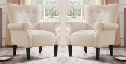 LSFH Unique Design Versatile Button Tufted Fabric Accent Chair Armchair with Solid Sagwan Wooden Frame Single Sofa Chair for Small Apartments, Living Room or Bedroom (Set of 2 Chairs, Cream)