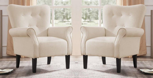 LSFH Unique Design Versatile Button Tufted Fabric Accent Chair Armchair with Solid Sagwan Wooden Frame Single Sofa Chair for Small Apartments, Living Room or Bedroom (Set of 2 Chairs, Cream)
