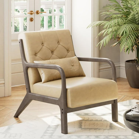 LSFH Unique Design True Innovations Alcie Accent Chair, Ottoman Armchair with Solid Sagwan Wooden Frame Single Sofa Chair for Small Apartments, Living Room or Bedroom (1 Chair, Beige)