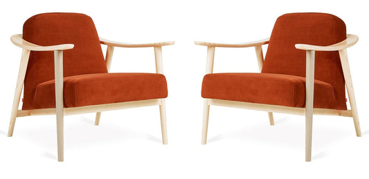 LSFH Unique Design Balticz Accent Chair Armchair with Solid Sagwan Wooden Frame Single Sofa Chair for Small Apartments, Living Room or Bedroom (Natural Finish, Dark Orange Set of 2 Chairs)