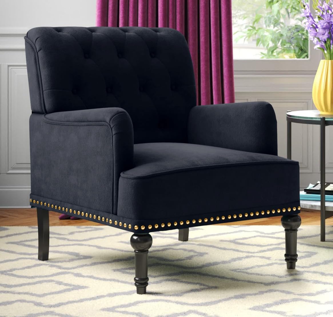 LSFH Unique Design True Innovations Jakuz Accent Chair, Armchair with Solid Sagwan Wooden Frame Single Sofa Chair for Small Apartments, Living Room or Bedroom (Set of 2 Chairs, Black)