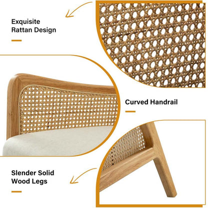 LSFH Unique Design Fabric Upholstered Rattan Cane Accent Chair, Armchair with Solid Sagwan Wooden Frame Single Sofa Chair for Small Apartments, Living Room or Bedroom (Set of 2 Chairs, Off White)