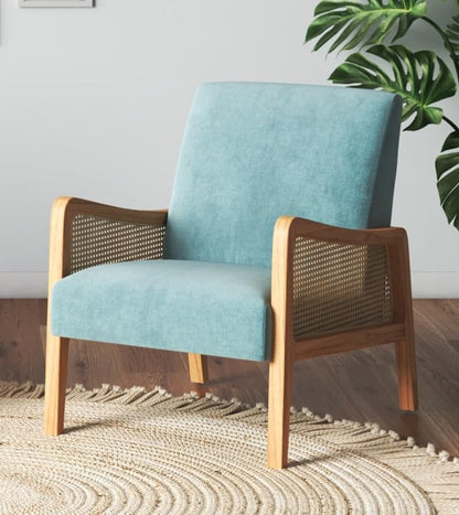 LSFH Unique Design Fabric Upholstered Rattan Cane Accent Chair, Armchair with Solid Sagwan Wooden Frame Single Sofa Chair for Small Apartments, Living Room or Bedroom (1 Chair, Sky Blue)