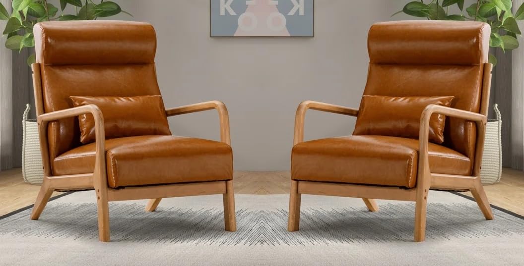 LSFH Unique Design Leatherette Upholstered Vegaz Accent Chair with Solid Sagwan Wooden Frame Single Sofa Chair for Small Apartments, Living Room or Bedroom (Set of 2 Chairs, Brown)