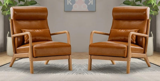 LSFH Unique Design Leatherette Upholstered Vegaz Accent Chair with Solid Sagwan Wooden Frame Single Sofa Chair for Small Apartments, Living Room or Bedroom (Set of 2 Chairs, Brown)