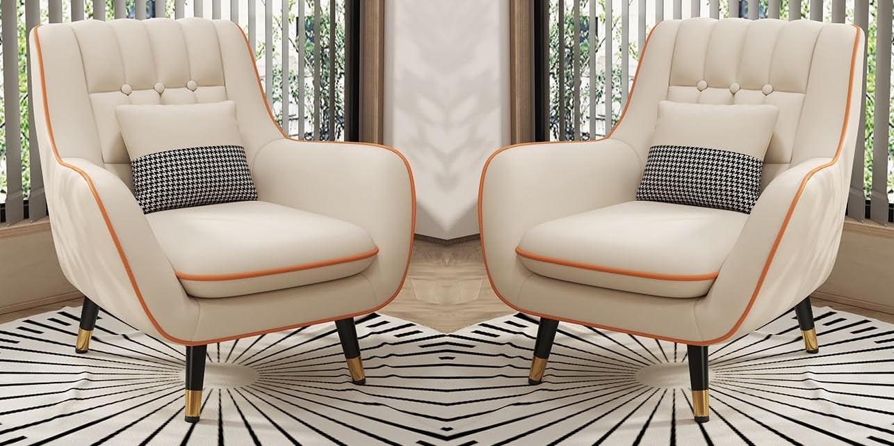 LSFH Unique Design True Innovations Nordic Light Accent Chair, Armchair with Solid Sagwan Wooden Frame for Small Apartments, Living Room or Bedroom (Set of 2 Chairs, Beige)