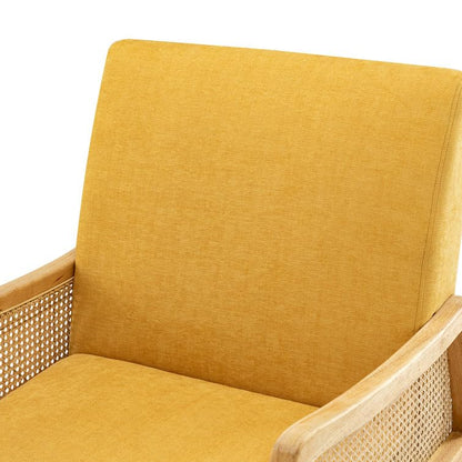 LSFH Unique Design Fabric Upholstered Rattan Cane Accent Chair, Armchair with Solid Sagwan Wooden Frame Single Sofa Chair for Small Apartments, Living Room or Bedroom (Set of 2 Chairs, Yellow)