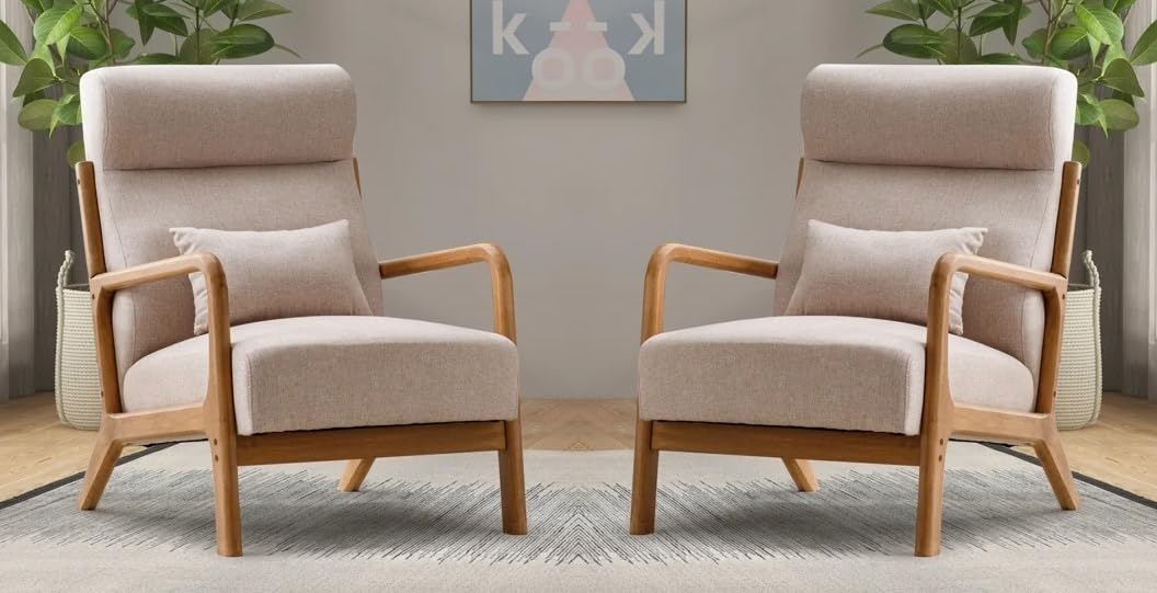 LSFH Unique Design Fabric Upholstered Vegaz Accent Chair with Solid Sagwan Wooden Frame Single Sofa Chair for Small Apartments, Living Room or Bedroom (Set of 2 Chairs, Beige)