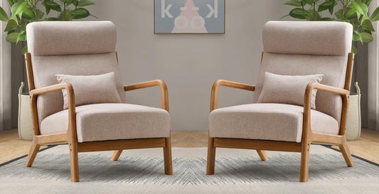 LSFH Unique Design Fabric Upholstered Vegaz Accent Chair with Solid Sagwan Wooden Frame Single Sofa Chair for Small Apartments, Living Room or Bedroom (Set of 2 Chairs, Beige)