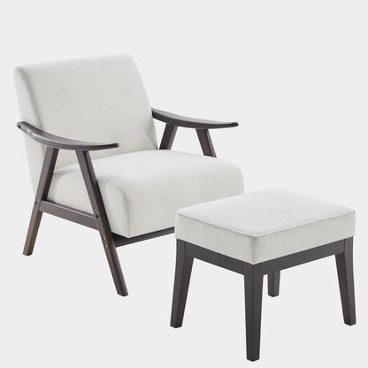 LSFH Unique Design Golrge Accent Chair, Ottoman Armchair with Solid Sagwan Wooden Frame Single Sofa Chair for Small Apartments, Living Room or Bedroom (1 Chair with Ottoman, Off-White)