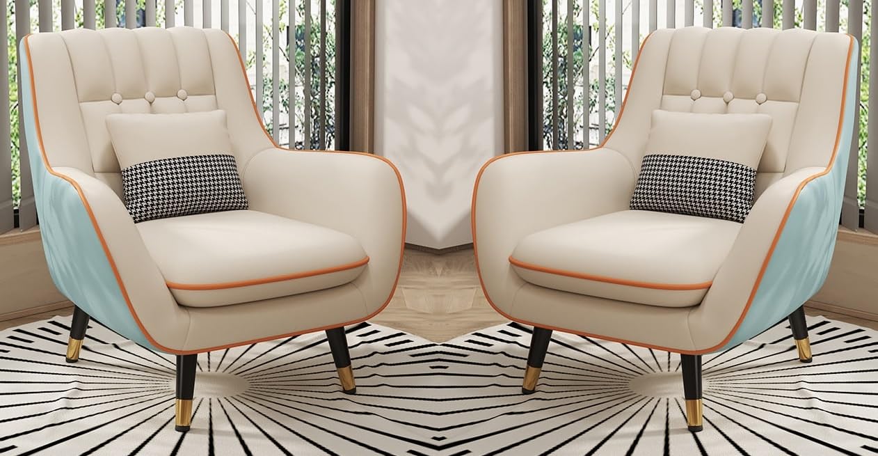 LSFH Unique Design True Innovations Nordic Light Accent Chair, Armchair with Solid Sagwan Wooden Frame for Small Apartments, Living Room or Bedroom (Set of 2 Chairs, Beige & Sky Blue)